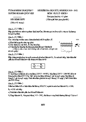 Đề kiểm tra học kỳ I môn Vật lý Khối 9 - Năm học 2020-2021 - Trường THCS Hoàng Quốc Việt (Có đáp án)