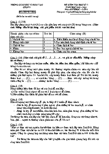 Đề kiểm tra học kỳ I Sinh học 6 - Năm học 2015-2016 - Phòng GD&ĐT Quận 9 (Có hướng dẫn chấm)