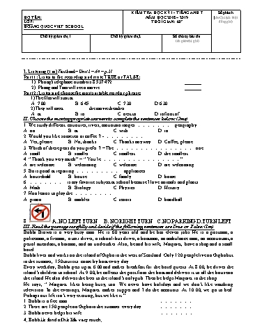 Đề kiểm tra học kỳ I Tiếng Anh 7 - Năm học 2018-2019 - Trường THCS Hoàng Quốc Việt (Có đáp án)