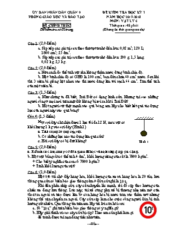 Đề kiểm tra học kỳ I Vật lý 6 - Năm học 2017-2018 - Phòng GD&ĐT Quận 9 (Có hướng dẫn chấm)