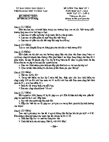 Đề kiểm tra học kỳ I Vật lý 8 - Năm học 2017-2018 - Phòng GD&ĐT Quận 9 (Có hướng dẫn chấm)