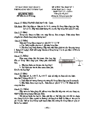 Đề kiểm tra học kỳ I Vật lý 9 - Năm học 2017-2018 - Phòng GD&ĐT Quận 9 (Có hướng dẫn chấm)