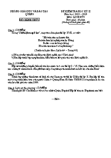 Đề kiểm tra học kỳ II Lịch sử 6 - Năm học 2015-2016 - Phòng GD&ĐT Quận 9 (Có hướng dẫn chấm)