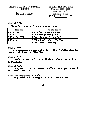Đề kiểm tra học kỳ II Lịch sử 7 - Năm học 2015-2016 - Phòng GD&ĐT Quận 9 (Có hướng dẫn chấm)