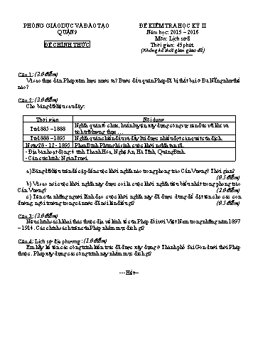 Đề kiểm tra học kỳ II Lịch sử 8 - Năm học 2015-2016 - Phòng GD&ĐT Quận 9 (Có hướng dẫn chấm)