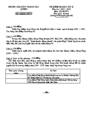 Đề kiểm tra học kỳ II Lịch sử 9 - Năm học 2015-2016 - Phòng GD&ĐT Quận 9 (Có hướng dẫn chấm)