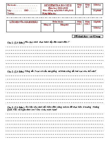 Đề kiểm tra học kỳ II môn Công nghệ Khối 9 - Năm học 2019-2020 (Kèm đáp án)