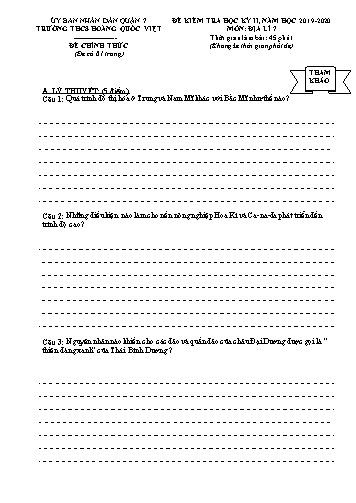 Đề kiểm tra học kỳ II môn Địa lí Lớp 7 - Năm học 2019-2020 - Trường THCS Hoàng Quốc Việt (Có đáp án)