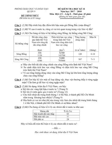 Đề kiểm tra học kỳ II môn Địa lý Lớp 8 - Năm học 2017-2018 - Phòng giáo dục và đào tạo Quận 9 (Có hướng dẫn chấm)