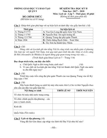 Đề kiểm tra học kỳ II môn Lịch sử Lớp 7 - Năm học 2017-2018 - Phòng giáo dục và đào tạo Quận 9 (Có hướng dẫn chấm)
