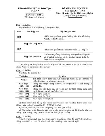 Đề kiểm tra học kỳ II môn Lịch sử Lớp 8 - Năm học 2017-2018 - Phòng giáo dục và đào tạo Quận 9 (Có hướng dẫn chấm)