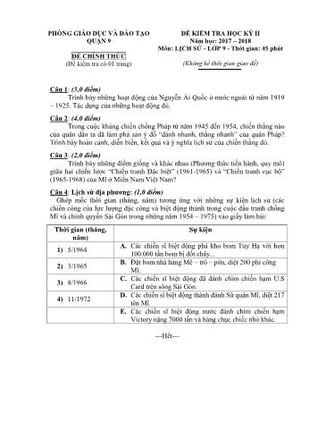 Đề kiểm tra học kỳ II môn Lịch sử Lớp 9 - Năm học 2017-2018 - Phòng giáo dục và đào tạo Quận 9 (Có hướng dẫn chấm)