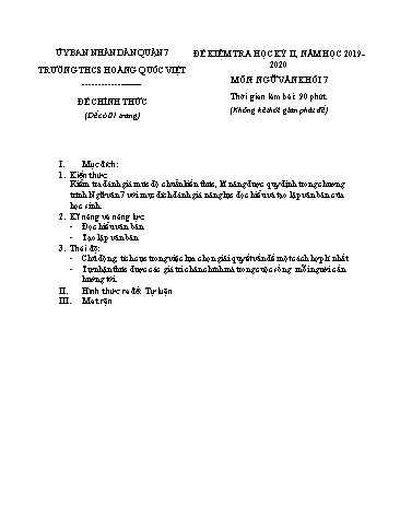 Đề kiểm tra học kỳ II môn Ngữ văn Khối 7 - Năm học 2019-2020 - Trường THCS Hoàng Quốc Việt (Có đáp án)
