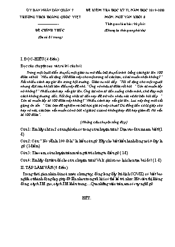 Đề kiểm tra học kỳ II môn Ngữ văn Khối 8 - Năm học 2019-2020 - Trường THCS Hoàng Quốc Việt (Có đáp án)