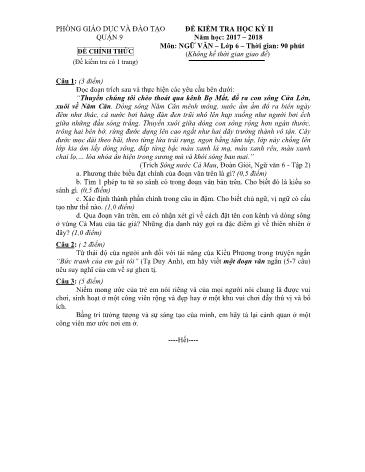 Đề kiểm tra học kỳ II môn Ngữ văn Lớp 6 - Năm học 2017-2018 - Phòng giáo dục và đào tạo Quận 9 (Có hướng dẫn chấm)
