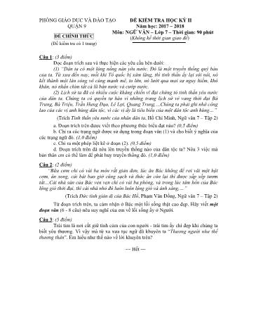 Đề kiểm tra học kỳ II môn Ngữ văn Lớp 7 - Năm học 2017-2018 - Phòng giáo dục và đào tạo Quận 9 (Có hướng dẫn chấm)
