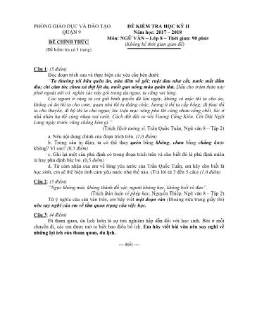 Đề kiểm tra học kỳ II môn Ngữ văn Lớp 8 - Năm học 2017-2018 - Phòng giáo dục và đào tạo Quận 9 (Có hướng dẫn chấm)