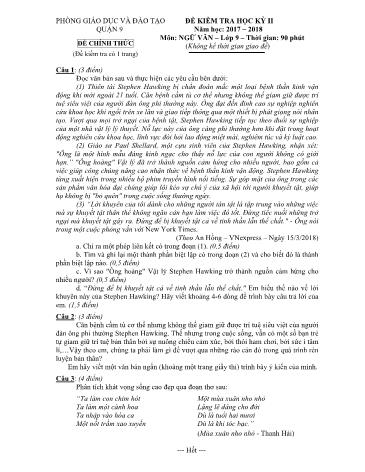 Đề kiểm tra học kỳ II môn Ngữ văn Lớp 9 - Năm học 2017-2018 - Phòng giáo dục và đào tạo Quận 9 (Có hướng dẫn chấm)