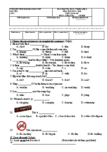 Đề kiểm tra học kỳ II môn Tiếng Anh 6 - Năm học 2019-2020 - Trường THCS Hoàng Quốc Việt (Có đáp án)