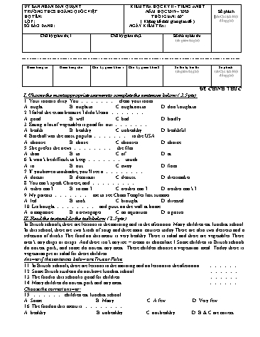 Đề kiểm tra học kỳ II môn Tiếng Anh 7 - Năm học 2019-2020 - Trường THCS Hoàng Quốc Việt (Có đáp án)