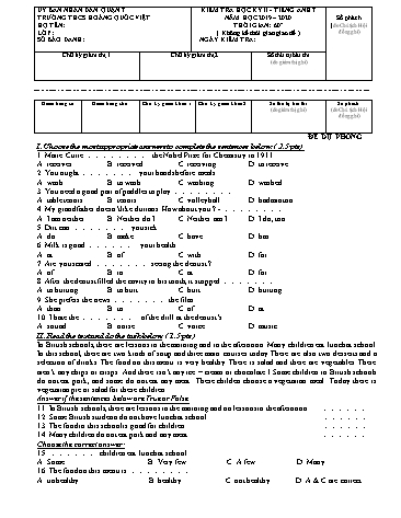 Đề kiểm tra học kỳ II môn Tiếng Anh Lớp 7 - Năm học 2019-2020 - Trường THCS Hoàng Quốc Việt (Có đáp án)