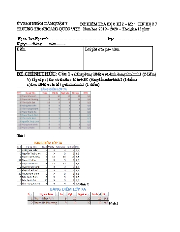 Đề kiểm tra học kỳ II môn Tin học 7 - Năm học 2019-2020 - Cam Hồng Duyên