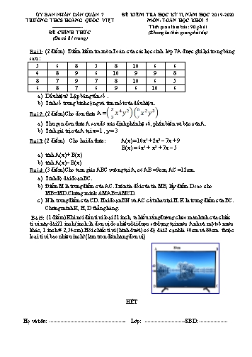 Đề kiểm tra học kỳ II môn Toán Khối 7 - Năm học 2019-2020 - Trường THCS Hoàng Quốc Việt (Có đáp án)