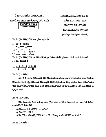 Đề kiểm tra học kỳ II môn Toán Khối 8 - Năm học 2019-2020 - Trường THCS Hoàng Quốc Việt (Có đáp án)