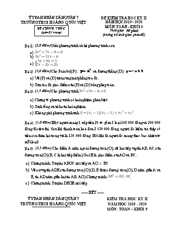 Đề kiểm tra học kỳ II môn Toán Khối 9 - Năm học 2019-2020 - Trường THCS Hoàng Quốc Việt (Có đáp án)
