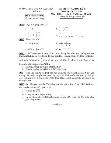 Đề kiểm tra học kỳ II môn Toán Lớp 6 - Năm học 2017-2018 - Phòng giáo dục và đào tạo Quận 9 (Có hướng dẫn chấm)