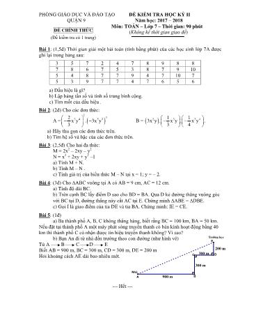 Đề kiểm tra học kỳ II môn Toán Lớp 7 - Năm học 2017-2018 - Phòng giáo dục và đào tạo Quận 9 (Có hướng dẫn chấm)