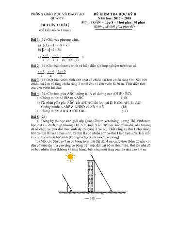 Đề kiểm tra học kỳ II môn Toán Lớp 8 - Năm học 2017-2018 - Phòng giáo dục và đào tạo Quận 9 (Có hướng dẫn chấm)