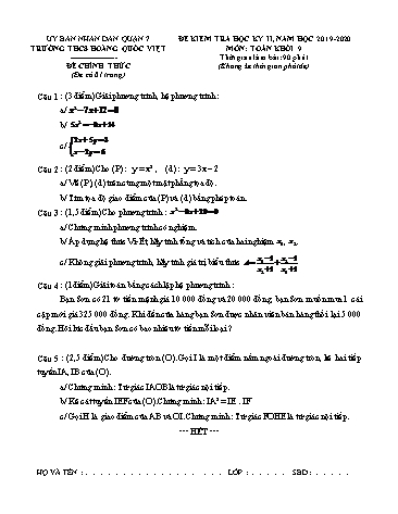 Đề kiểm tra học kỳ II môn Toán Lớp 9 - Năm học 2019-2020 - Trường THCS Hoàng Quốc Việt (Có đáp án)