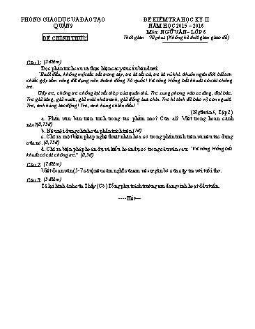 Đề kiểm tra học kỳ II Ngữ văn 6 - Năm học 2015-2016 - Phòng GD&ĐT Quận 9 (Có hướng dẫn chấm)