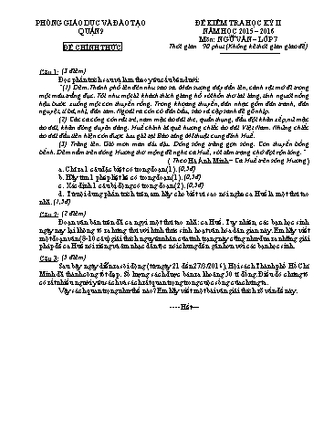 Đề kiểm tra học kỳ II Ngữ văn 7 - Năm học 2015-2016 - Phòng GD&ĐT Quận 9 (Có hướng dẫn chấm)