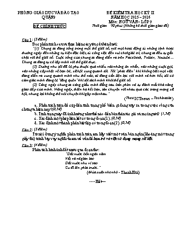Đề kiểm tra học kỳ II Ngữ văn 9 - Năm học 2015-2016 - Phòng GD&ĐT Quận 9 (Có hướng dẫn chấm)
