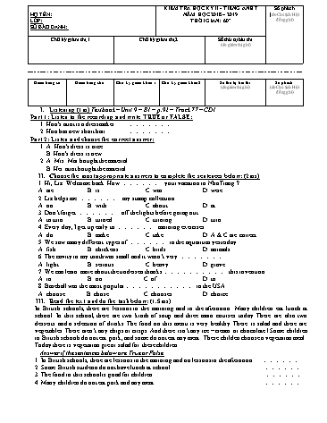 Đề kiểm tra học kỳ II Tiếng Anh 7 - Năm học 2018-2019 - Trường THCS Hoàng Quốc Việt (Có đáp án)