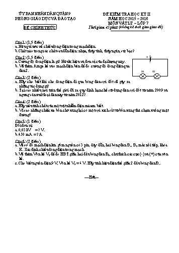 Đề kiểm tra học kỳ II Vật lý 7 - Năm học 2015-2016 - Phòng GD&ĐT Quận 9 (Có hướng dẫn chấm)