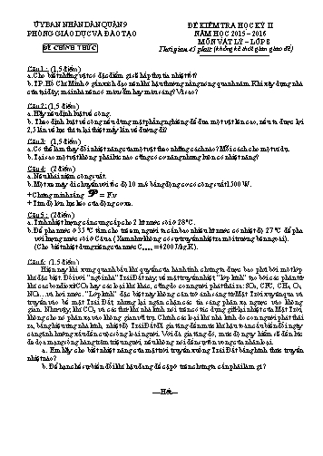 Đề kiểm tra học kỳ II Vật lý 8 - Năm học 2015-2016 - Phòng GD&ĐT Quận 9 (Có hướng dẫn chấm)