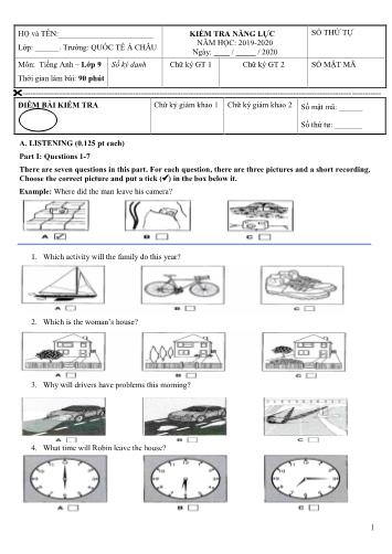 Đề kiểm tra năng lực Tiếng Anh Lớp 9 - Năm học 2019-2020 - Trường Quốc tế Á Châu