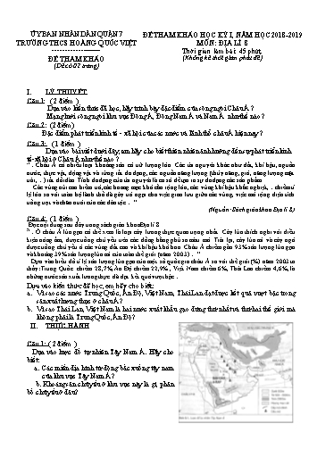 Đề tham khảo học kỳ I Địa lí 8 - Năm học 2018-2019 - Trường THCS Hoàng Quốc Việt (Có đáp án)