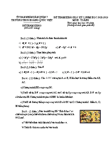 Đề tham khảo học kỳ I môn Toán 8 - Năm học 2018-2019 - Trường THCS Hoàng Quốc Việt (Có đáp án)
