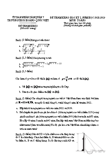 Đề tham khảo học kỳ I môn Toán 9 - Năm học 2018-2019 - Trường THCS Hoàng Quốc Việt (Có đáp án)