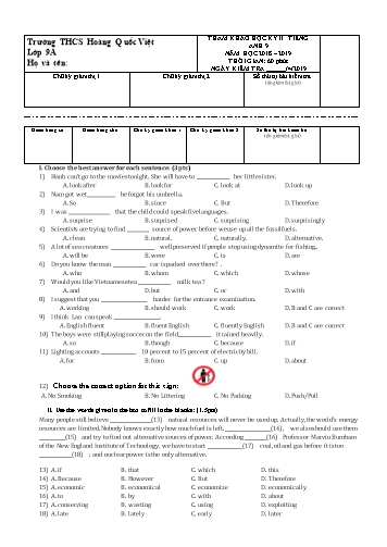 Đề tham khảo học kỳ II Tiếng Anh 9 - Năm học 2018-2019 - Trường THCS Hoàng Quốc Việt (Có đáp án)