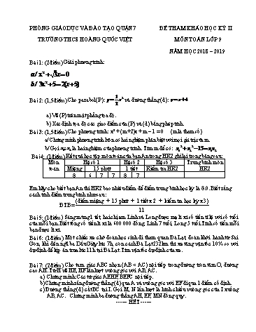 Đề tham khảo học kỳ II Toán 9 - Năm học 2018-2019 - Trường THCS Hoàng Quốc Việt (Có đáp án)