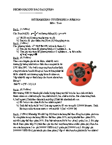 Đề tham khảo tuyển sinh vào Lớp 10 môn Toán năm 2019 - Phòng Giáo dục và Đào tạo Quận 4 (Có đáp án)