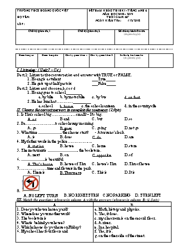 Đề thi học kỳ I môn Tiếng Anh 6 - Năm học 2018-2019 - Trường THCS Hoàng Quốc Việt (Có đáp án)