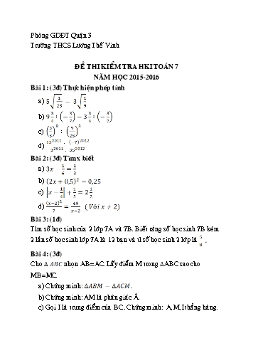 Đề thi học kỳ I môn Toán Lớp 7 - Năm học 2015-2016 - Trường THCS Lương Thế Vinh