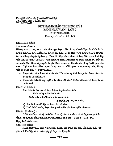 Đề thi học kỳ I Ngữ văn 9 - Năm học 2015-2016 - Trường THCS Tân Phú (Có hướng dẫn chấm)