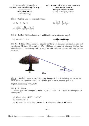 Đề thi học kỳ II môn Toán Khối 8 - Năm học 2019-2020 - Trường THCS Hoàng Quốc Việt (Có đáp án)